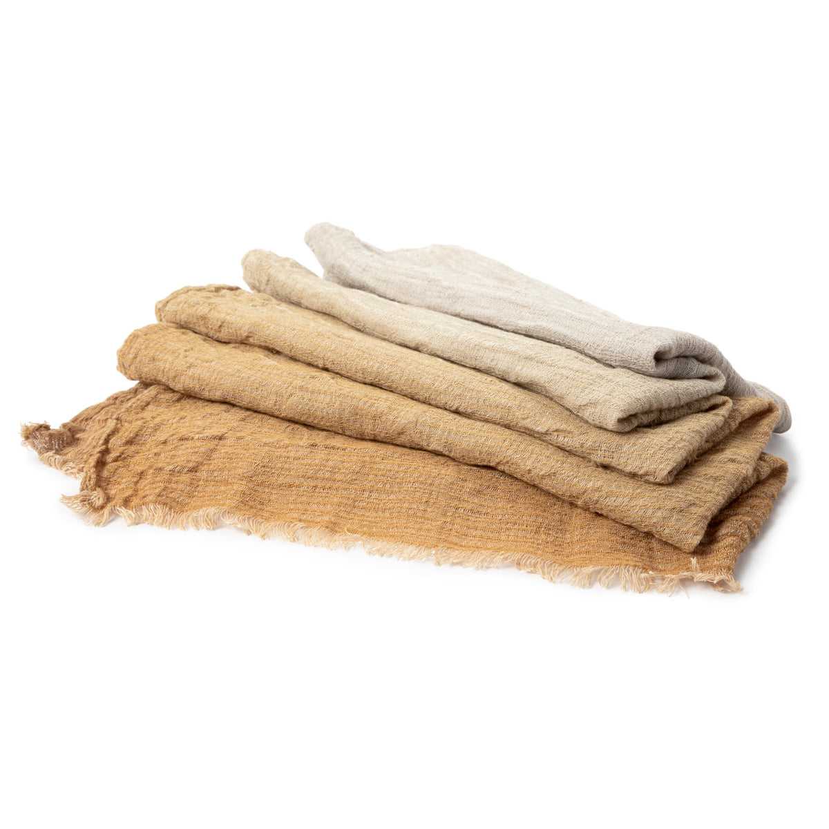 2 ft by 5 ft gauze fabric with gradation of color along length of mustard to sand to mustard, to use under Nativity. Fabric folded to show color gradation