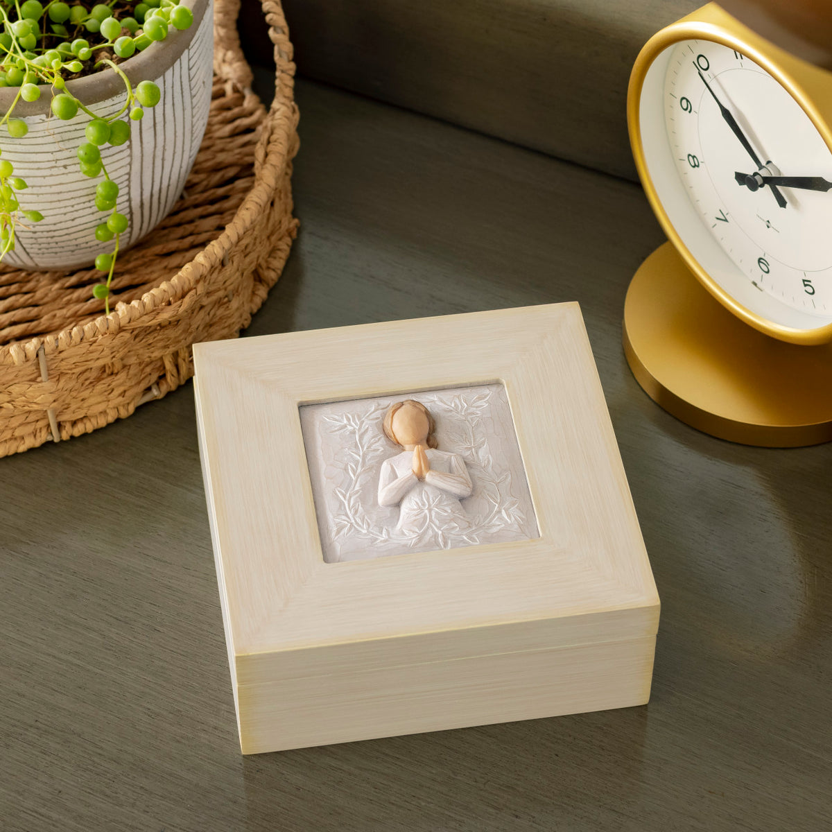 Willow Tree a tree, a prayer Memory Box, 5.25” sq x 2”h hand-painted cream wood box with bas-relief resin carving of figure in cream dress, hands in prayer position, surrounded by leaves and vines on hinged lid